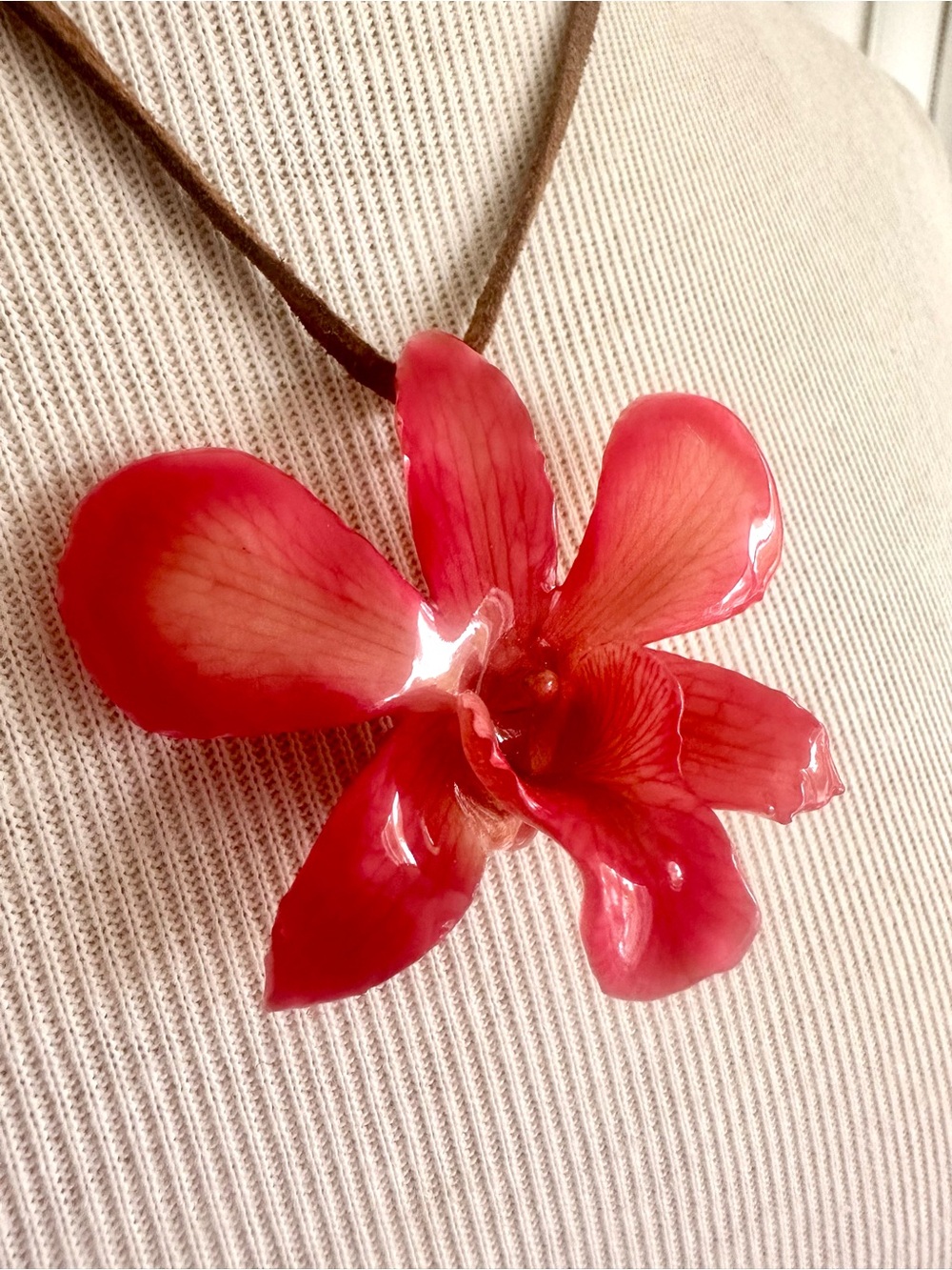 Hanami Jewelry Red Orchid Pendant Necklace with Brown Suede Cord